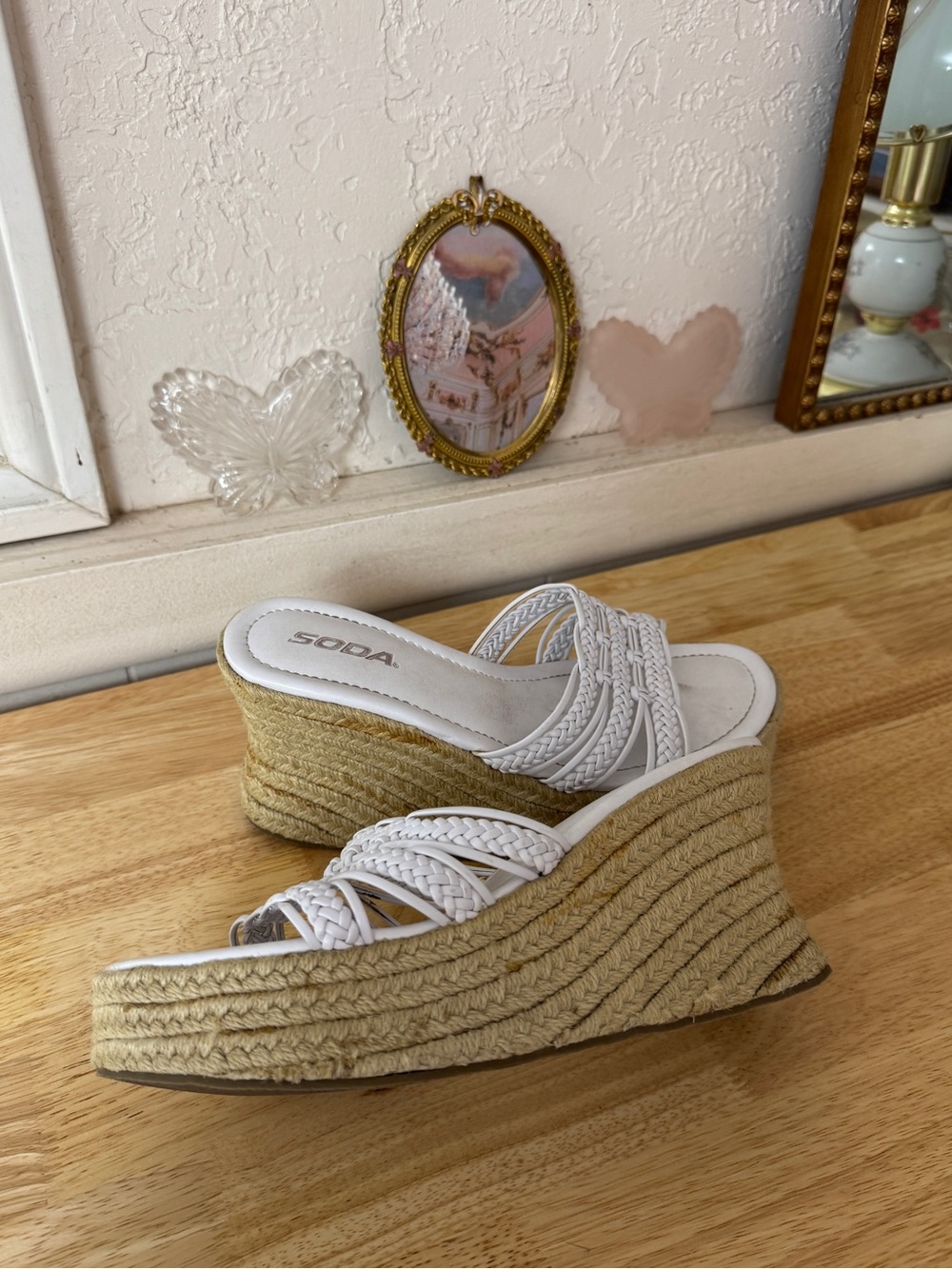 Soda White Braided Espadrille Platform Wedge Sandals Size 7 / 7.5 Y2K Summer